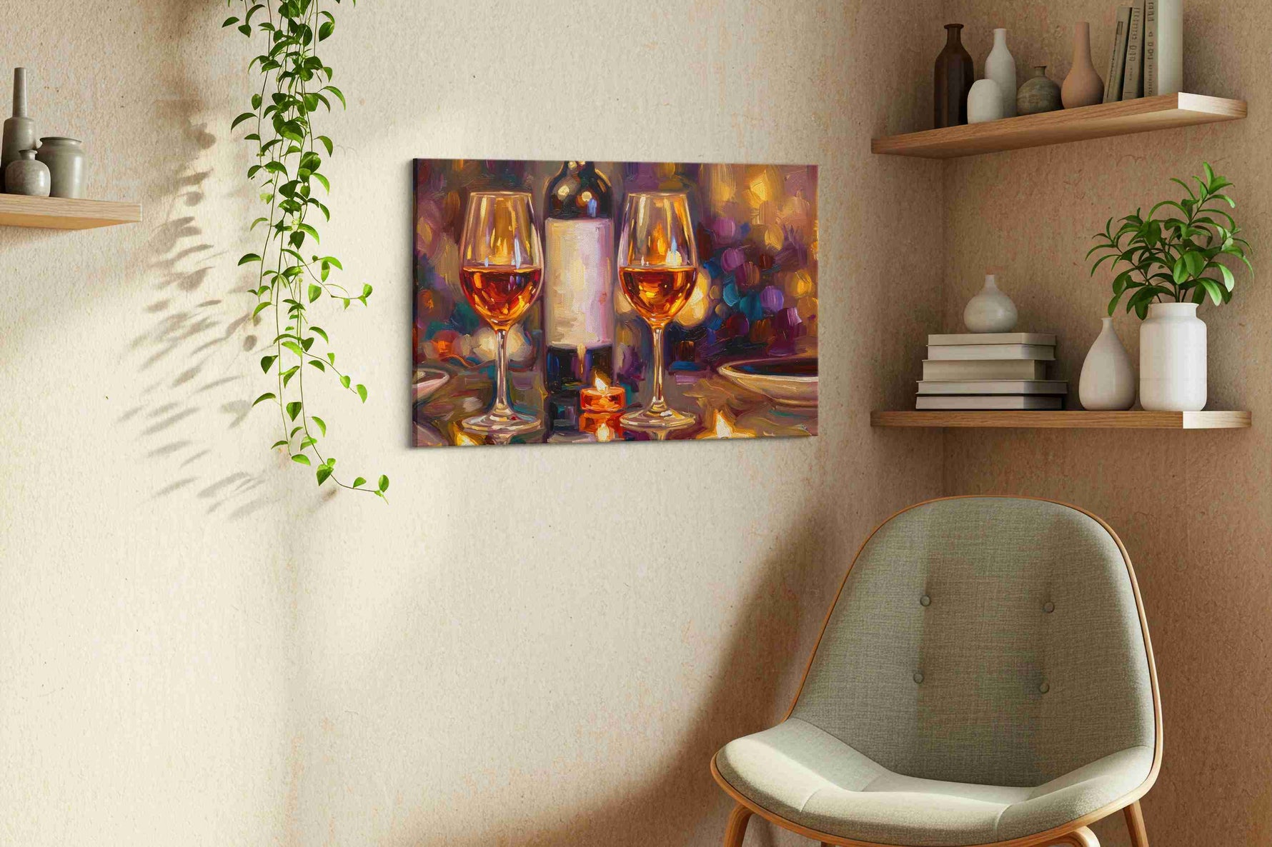 Charmed by Candlelight wine canvas print, displayed in a living room