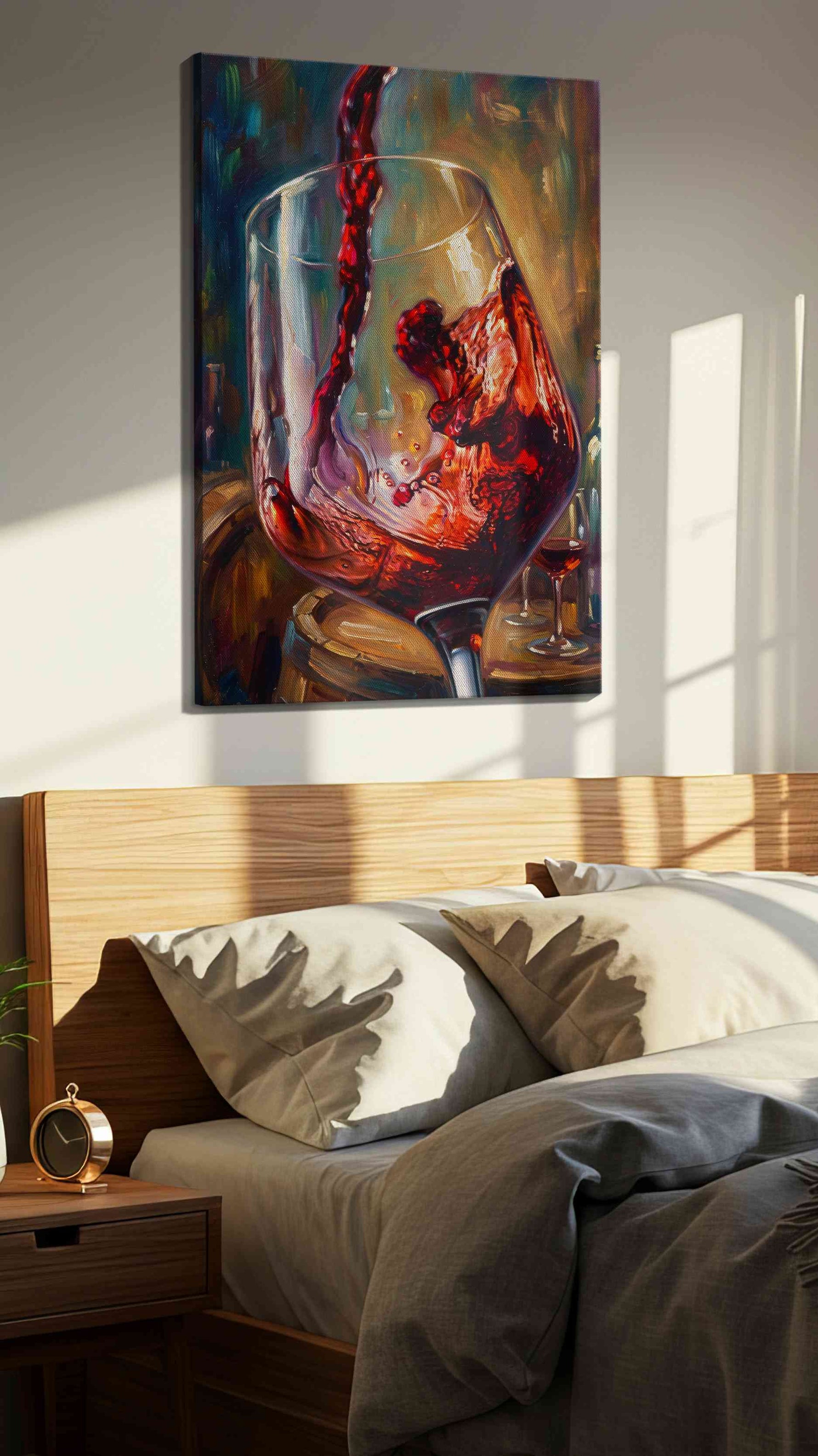 Crimson Cascade wine canvas print, displayed in a bedroom