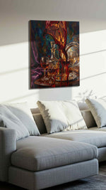 Crimson Cascade Symphony wine canvas print, displayed in a living room