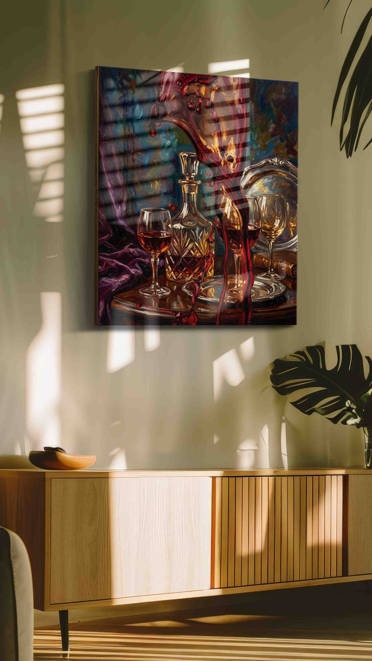 Crimson Cascade Symphony wine canvas print in a hung canvas mockup