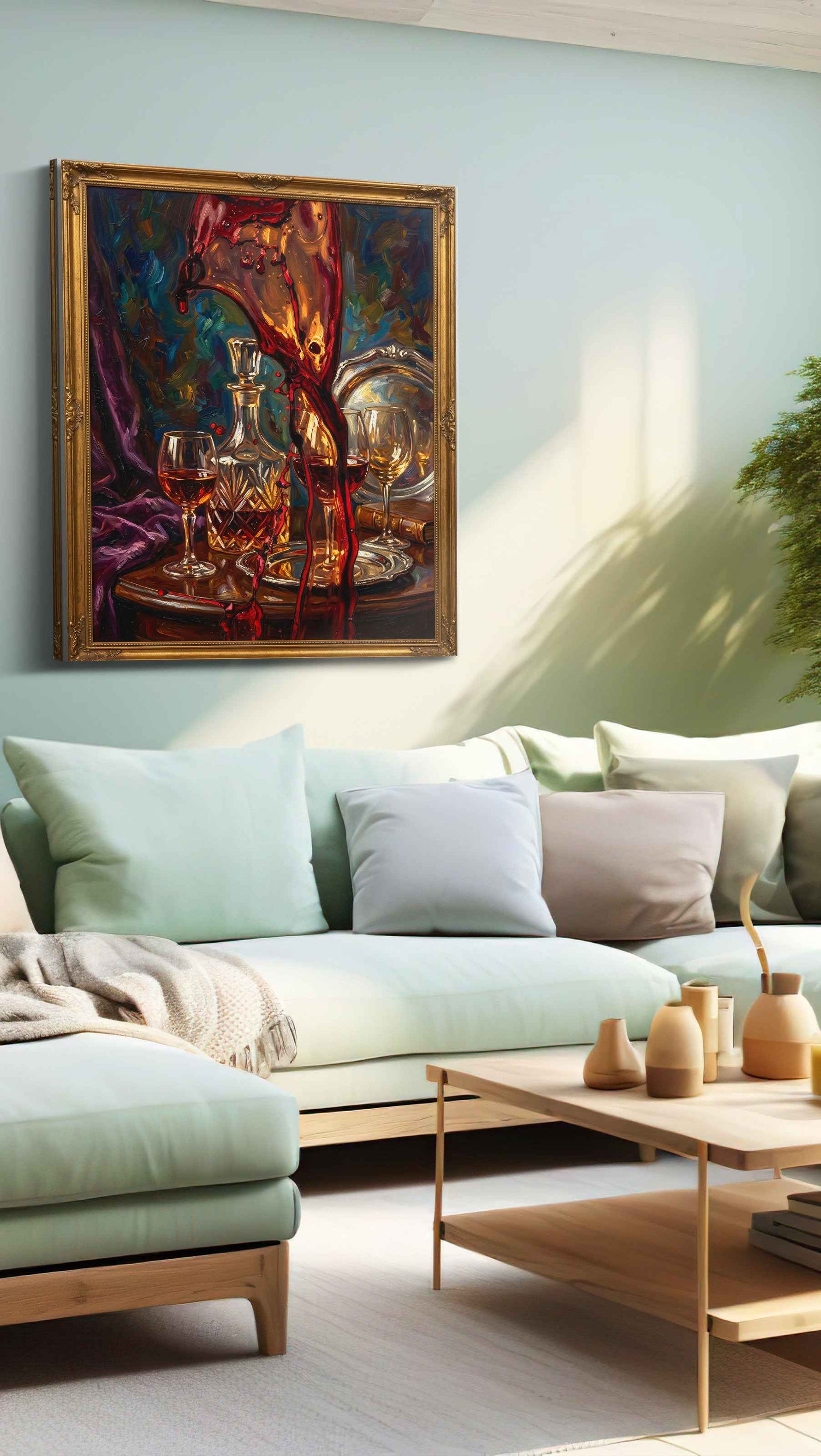 Crimson Cascade Symphony wine canvas print, hanging on wall