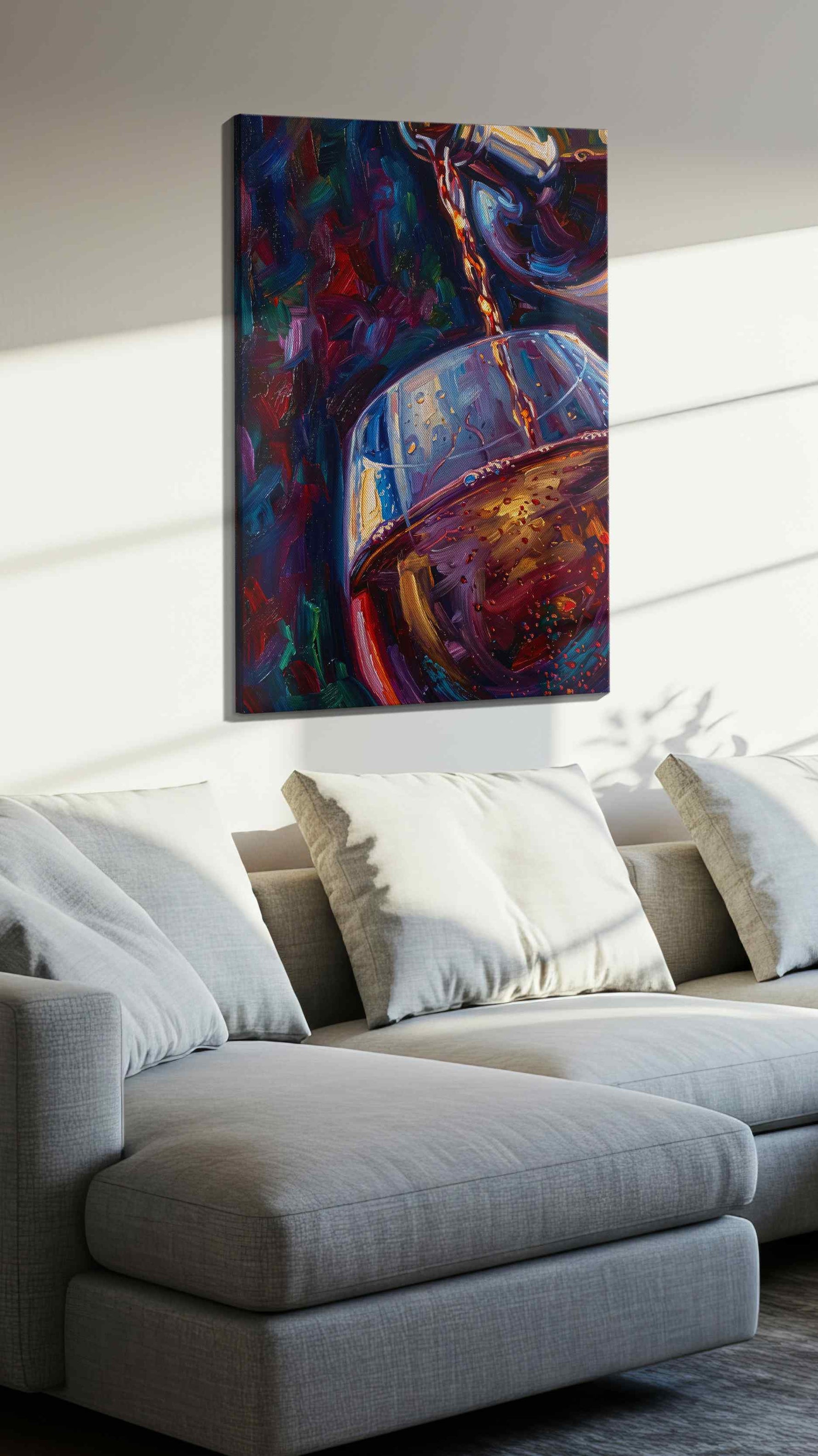 Crimson Elegance II wine canvas print, displayed in a living room