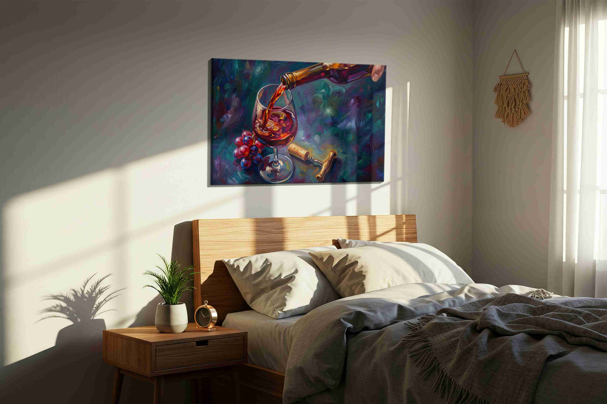 Crimson Pour wine canvas print, displayed in a bedroom
