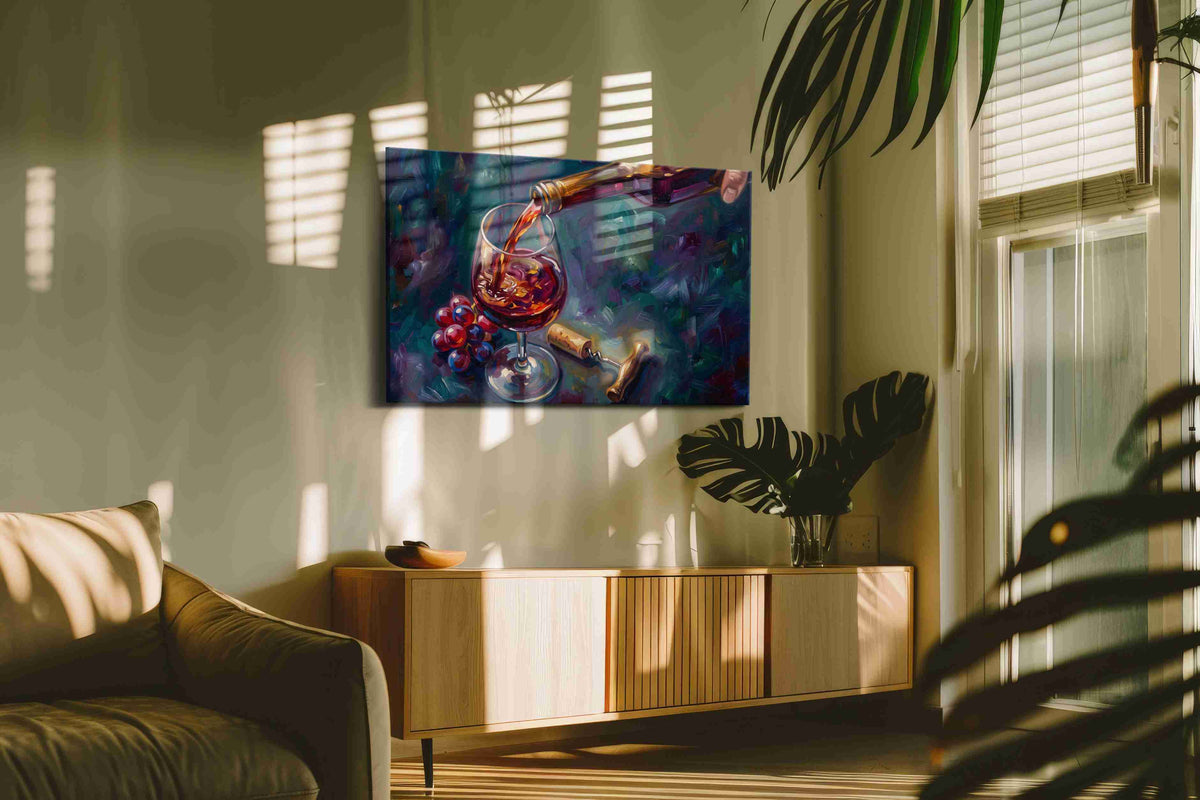Crimson Pour wine canvas print, on wall, lifestyle preview