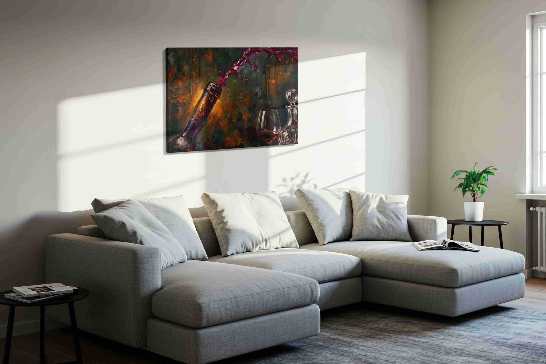 Crimson Pour Symphony wine canvas print in a living room scene