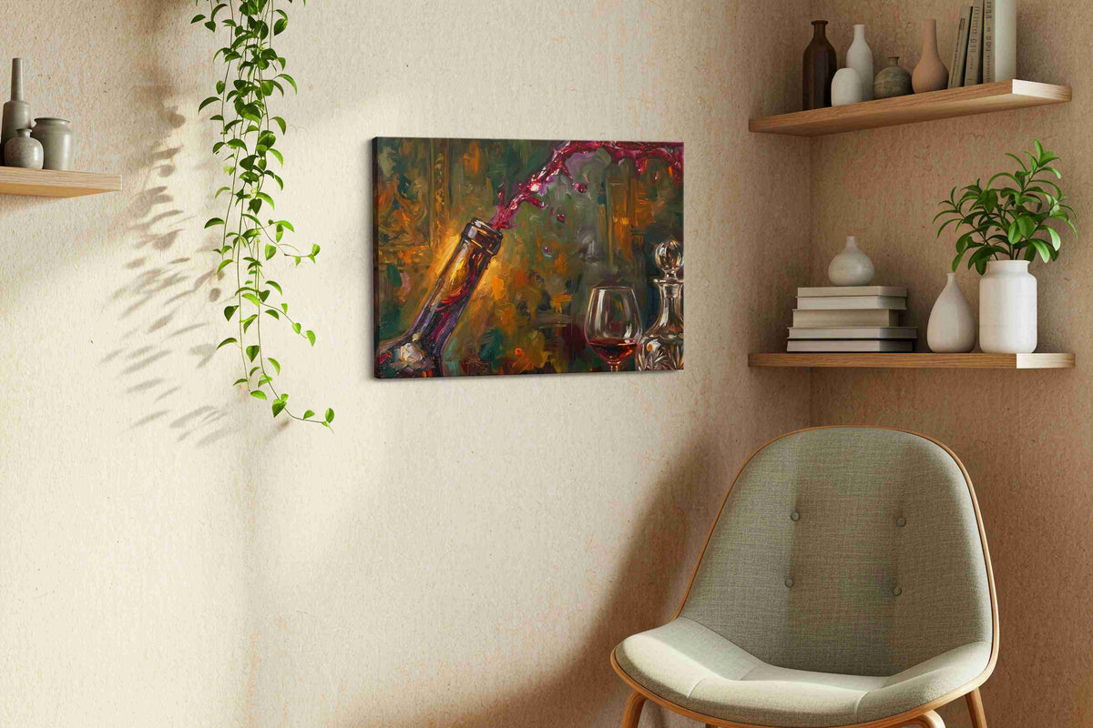 Crimson Pour Symphony wine canvas print, displayed in a living room
