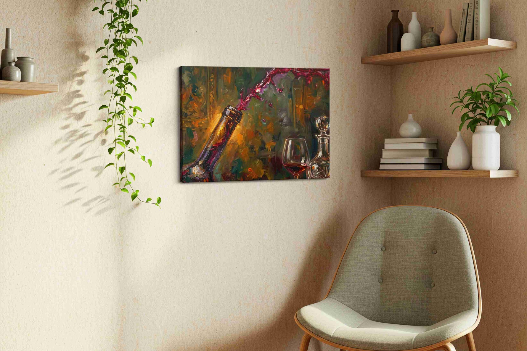 Crimson Pour Symphony wine canvas print, displayed in a living room