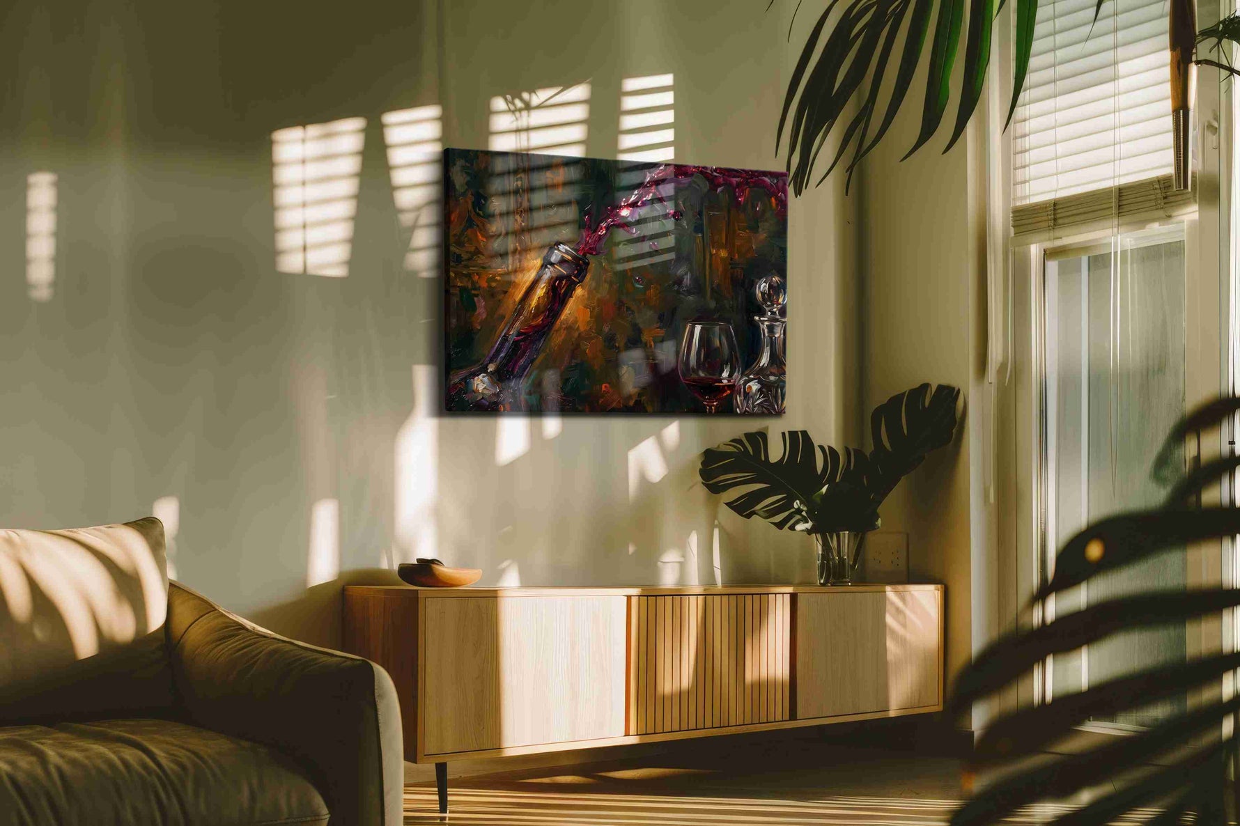 Crimson Pour Symphony wine canvas print, on wall, lifestyle preview