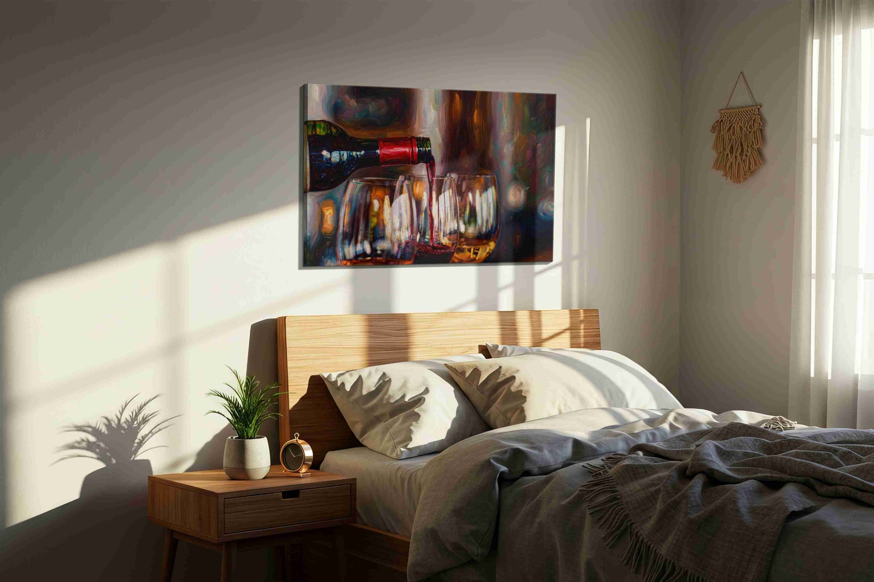Crimson Pour Symphony II wine canvas print, displayed in a bedroom