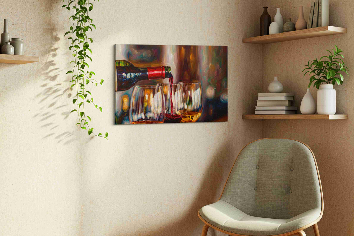 Crimson Pour Symphony II wine canvas print, displayed in a living room