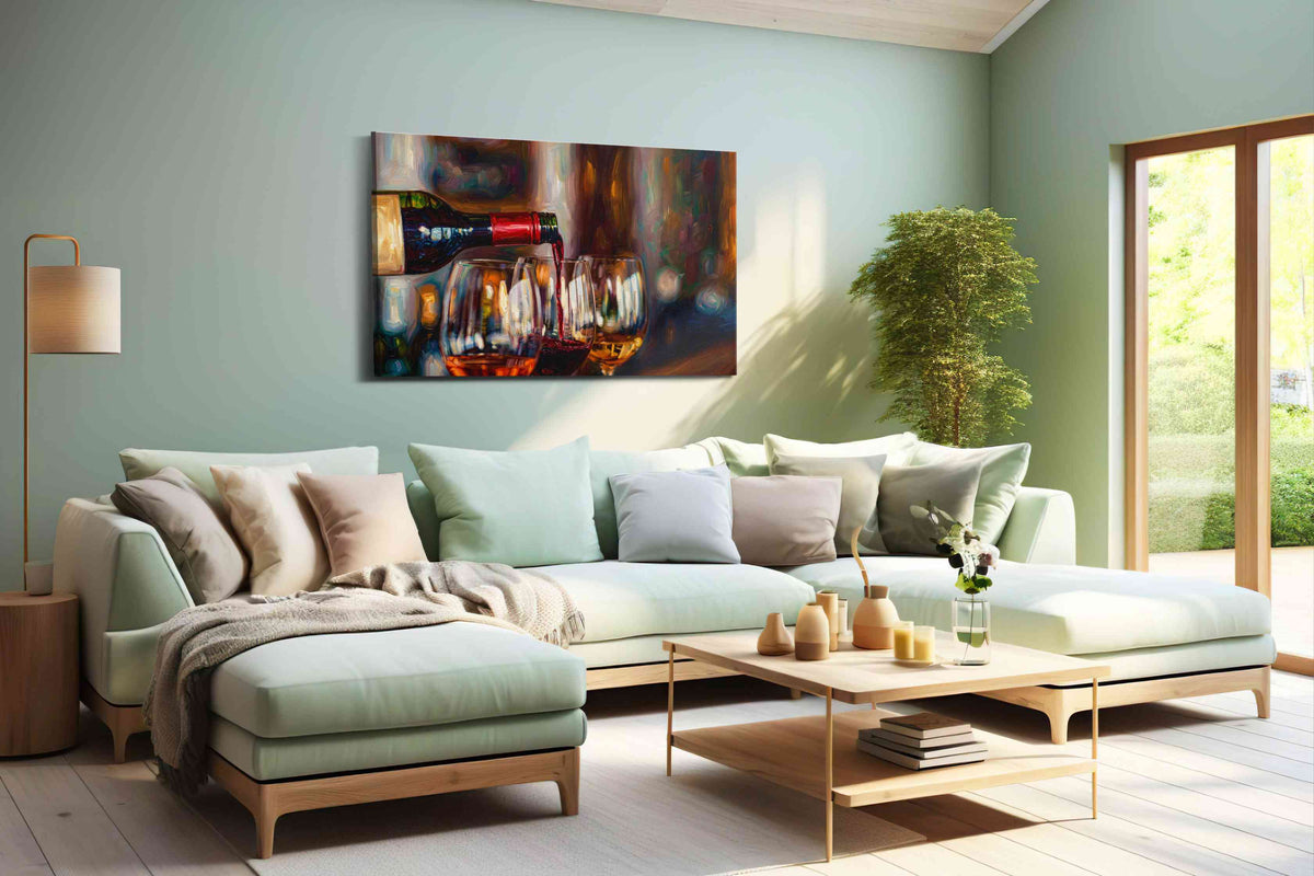Crimson Pour Symphony II wine canvas print, hanging on wall