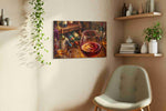Crimson Reflections wine canvas print, displayed in a living room