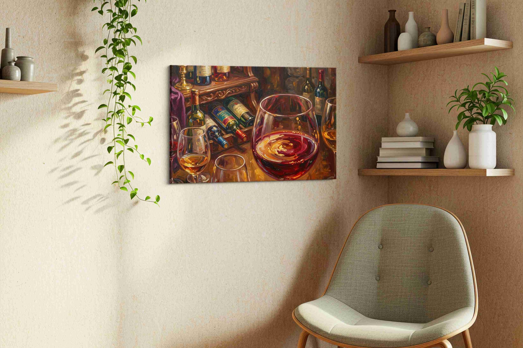 Crimson Reflections wine canvas print, displayed in a living room