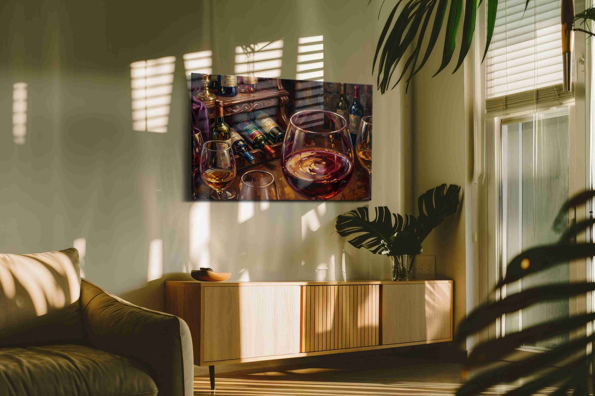 Crimson Reflections wine canvas print, on wall, lifestyle preview