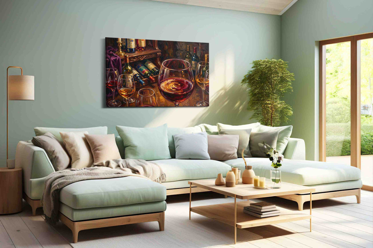 Crimson Reflections wine canvas print, hanging on wall