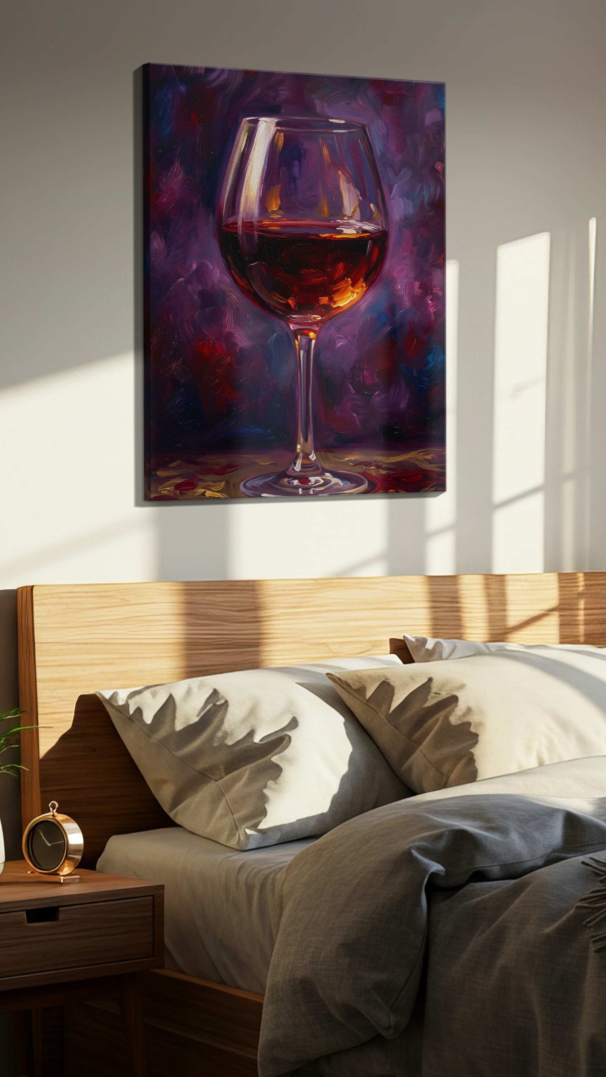 Crimson Reflections A Wine Reverie wine canvas print, displayed in a bedroom