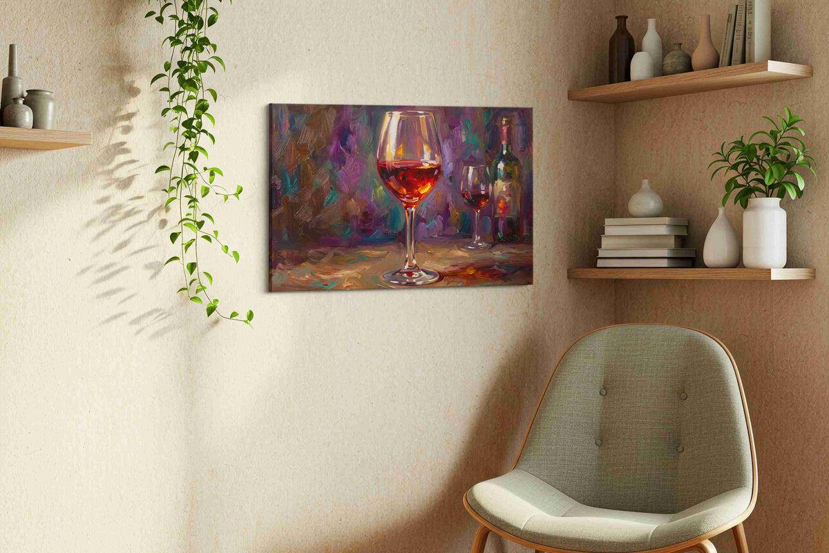 Crimson Reflections II wine canvas print, displayed in a living room