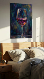 Crimson Reflections III wine canvas print, displayed in a bedroom
