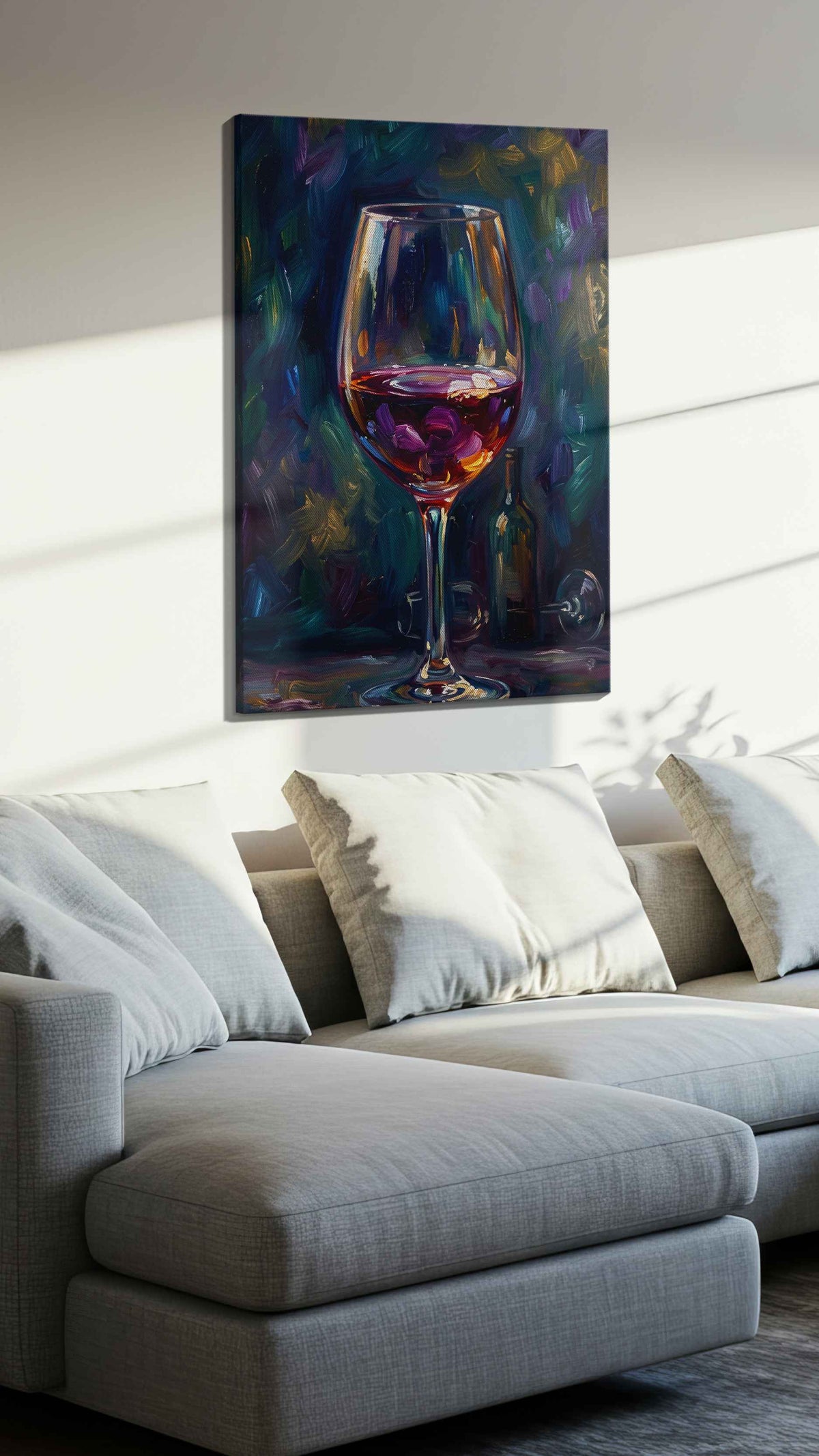 Crimson Reflections III wine canvas print, displayed in a living room