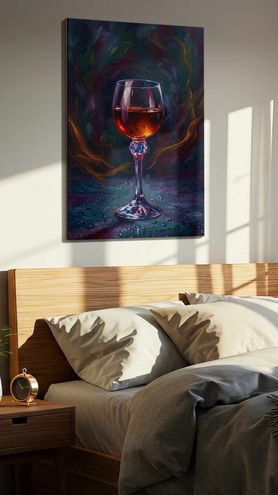 Crimson Reflections IV wine canvas print, displayed in a bedroom