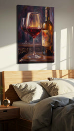 Crimson Reflections V wine canvas print, displayed in a bedroom