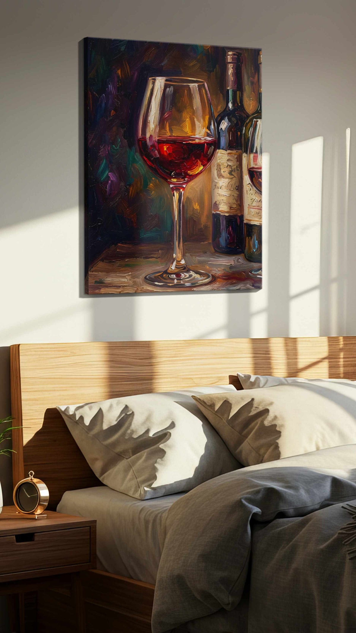 Crimson Reflections VI wine canvas print, displayed in a bedroom