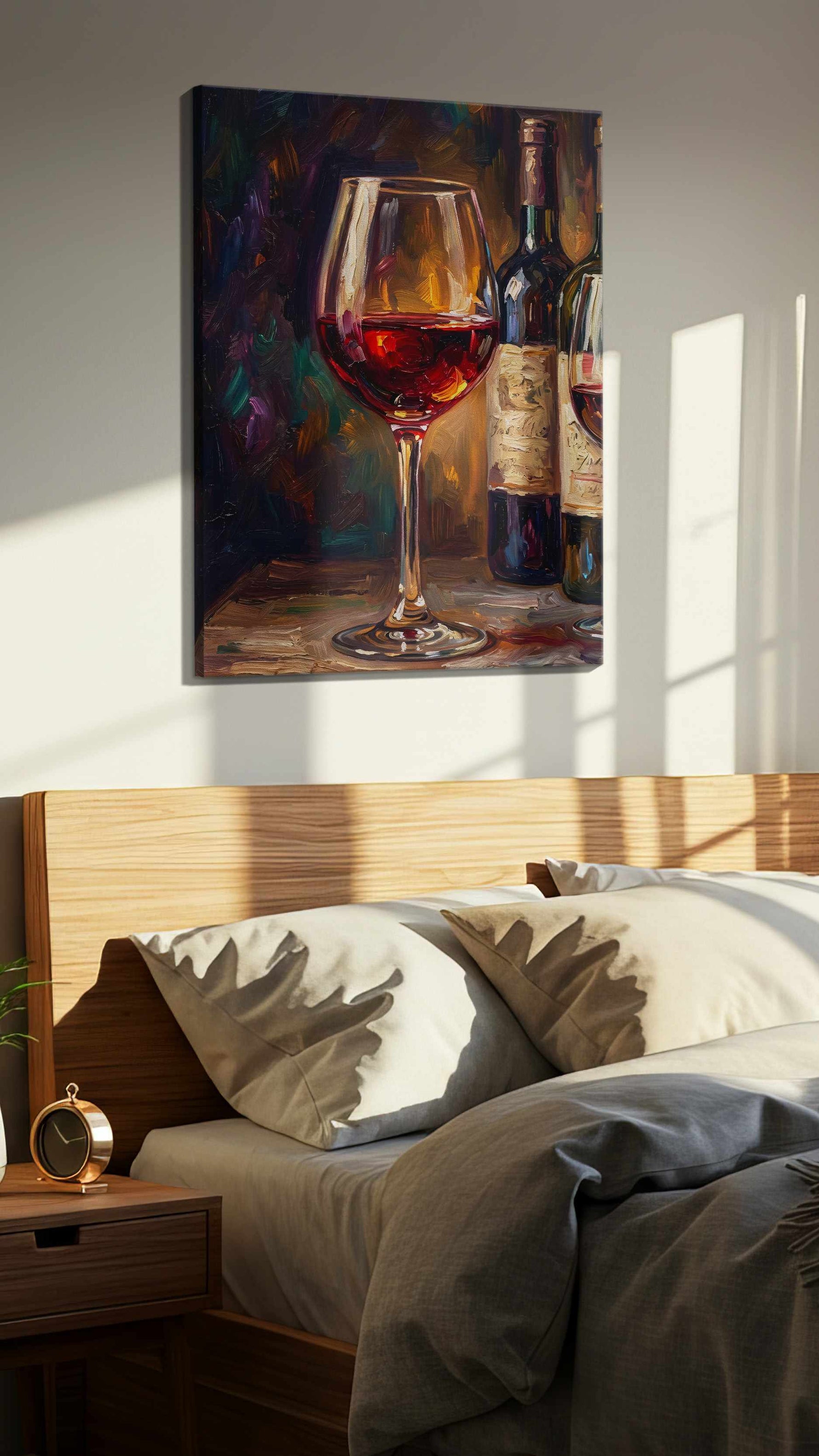 Crimson Reflections VI wine canvas print, displayed in a bedroom
