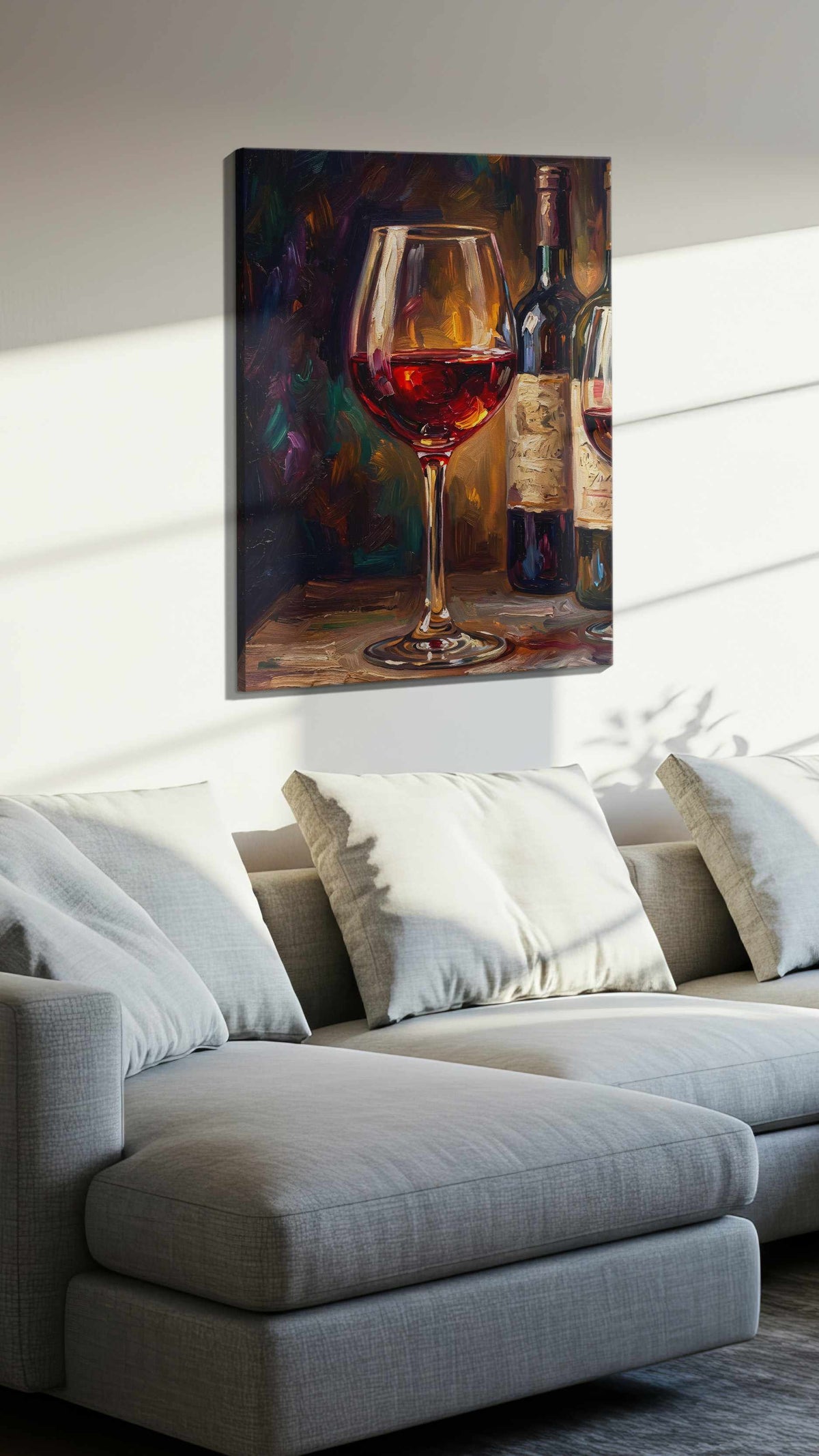 Crimson Reflections VI wine canvas print, displayed in a living room