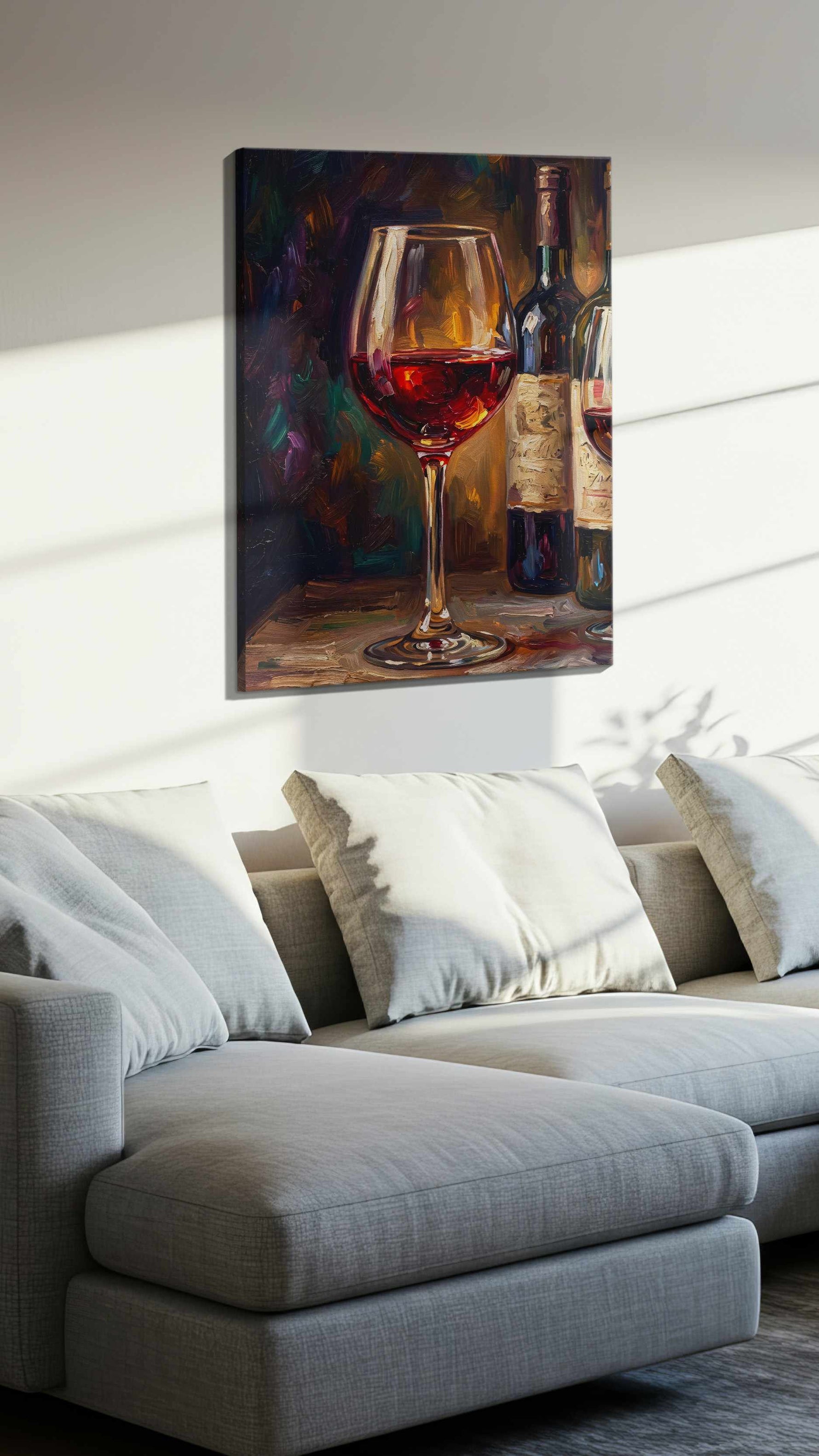Crimson Reflections VI wine canvas print, displayed in a living room