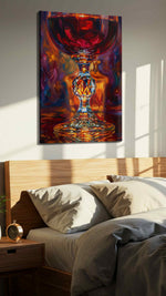 Crimson Reflections VII wine canvas print, displayed in a bedroom