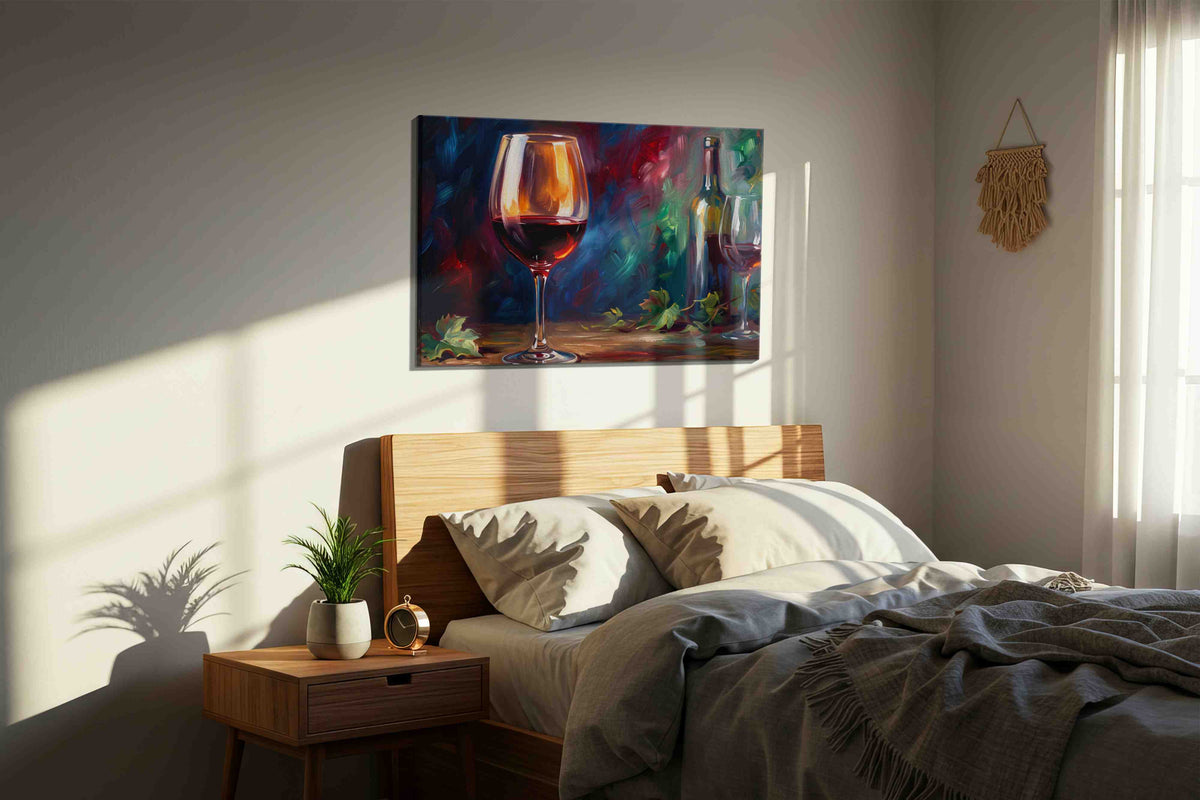 Crimson Reflections of the Vine wine canvas print, displayed in a bedroom