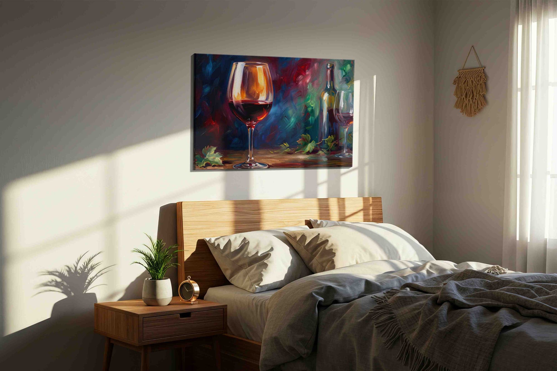 Crimson Reflections of the Vine wine canvas print, displayed in a bedroom