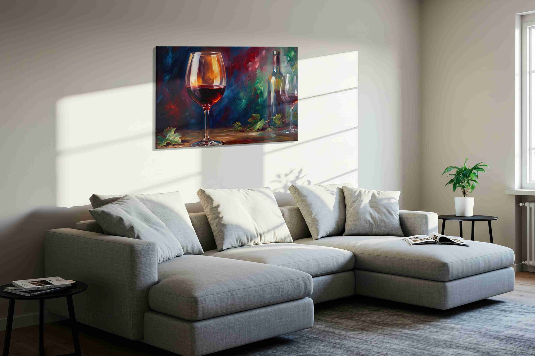 Crimson Reflections of the Vine wine canvas print styled in a living room