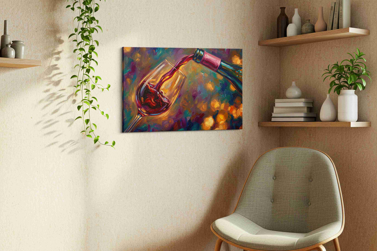 Crimson Whirl of Elegance wine canvas print, displayed in a living room