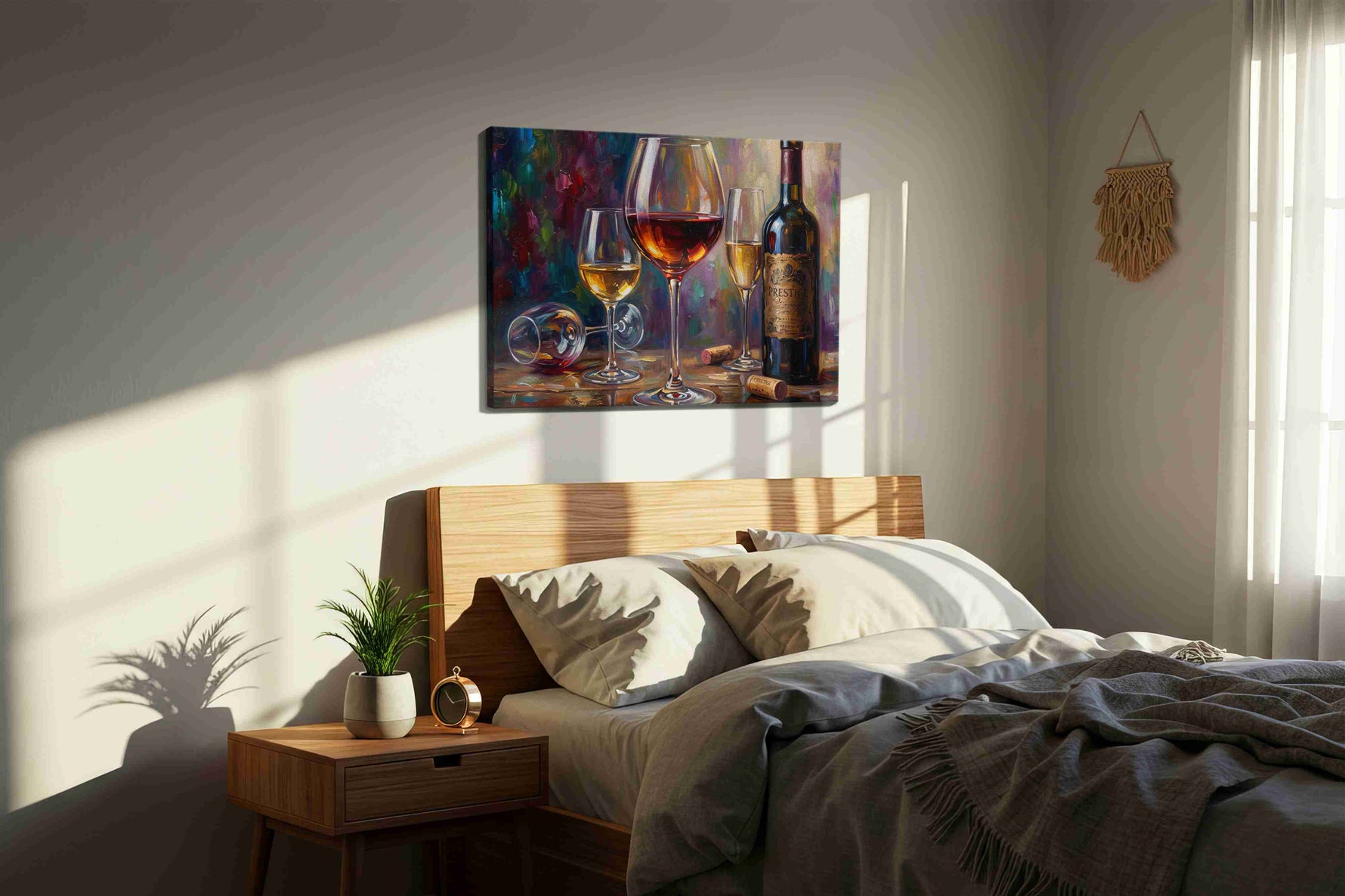 Elegance in Every Drop wine canvas print, displayed in a bedroom