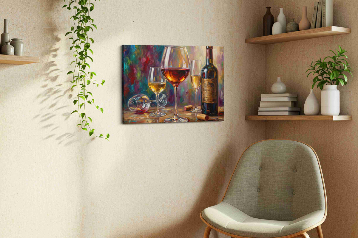 Elegance in Every Drop wine canvas print, displayed in a living room