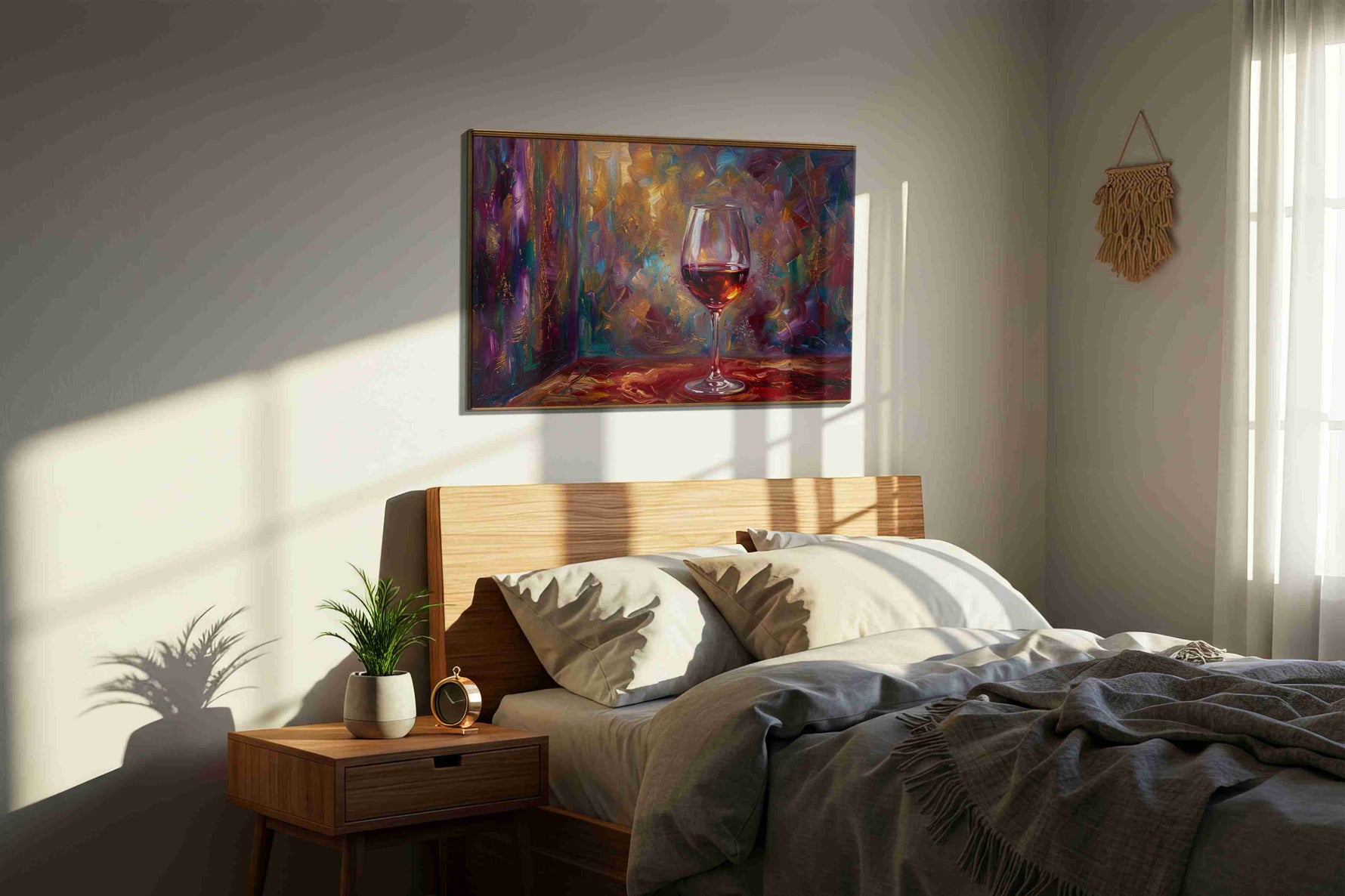 Ethereal Wine Symphony wine canvas print, displayed in a bedroom