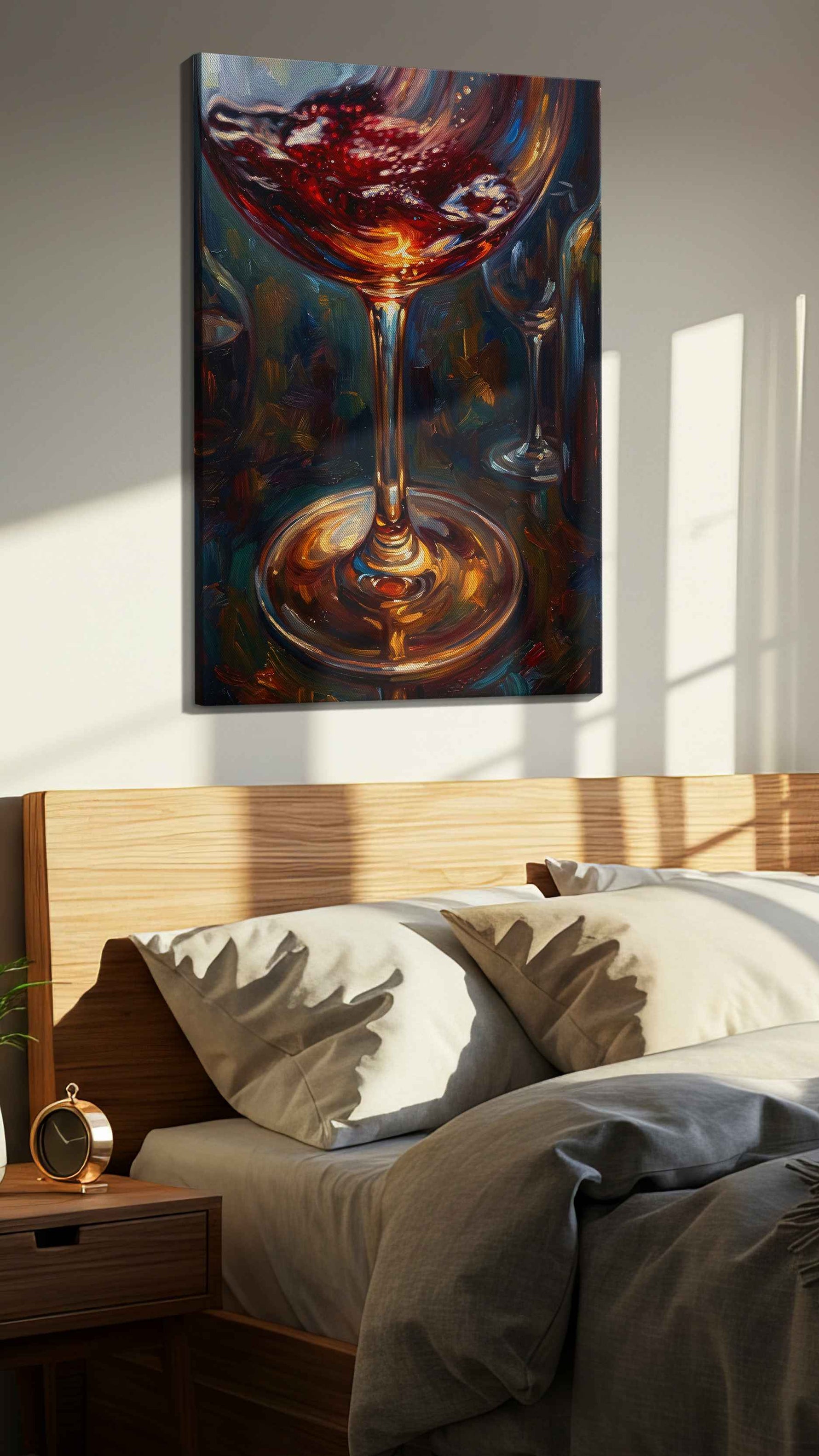 Euphoria in a Glass III wine canvas print, displayed in a bedroom