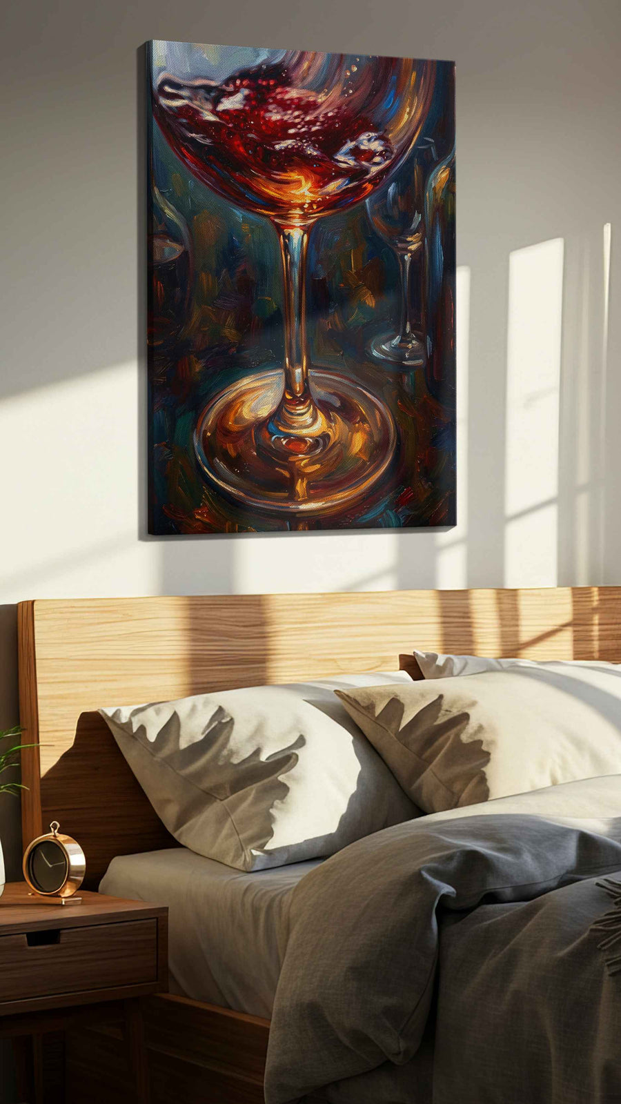 Euphoria in a Glass III wine canvas print, displayed in a bedroom