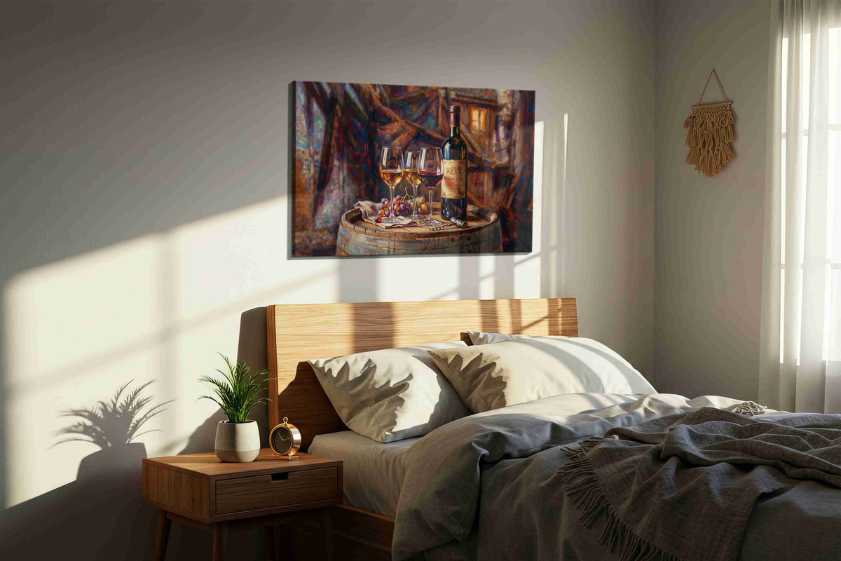 Evening in Bordeaux wine canvas print, displayed in a bedroom
