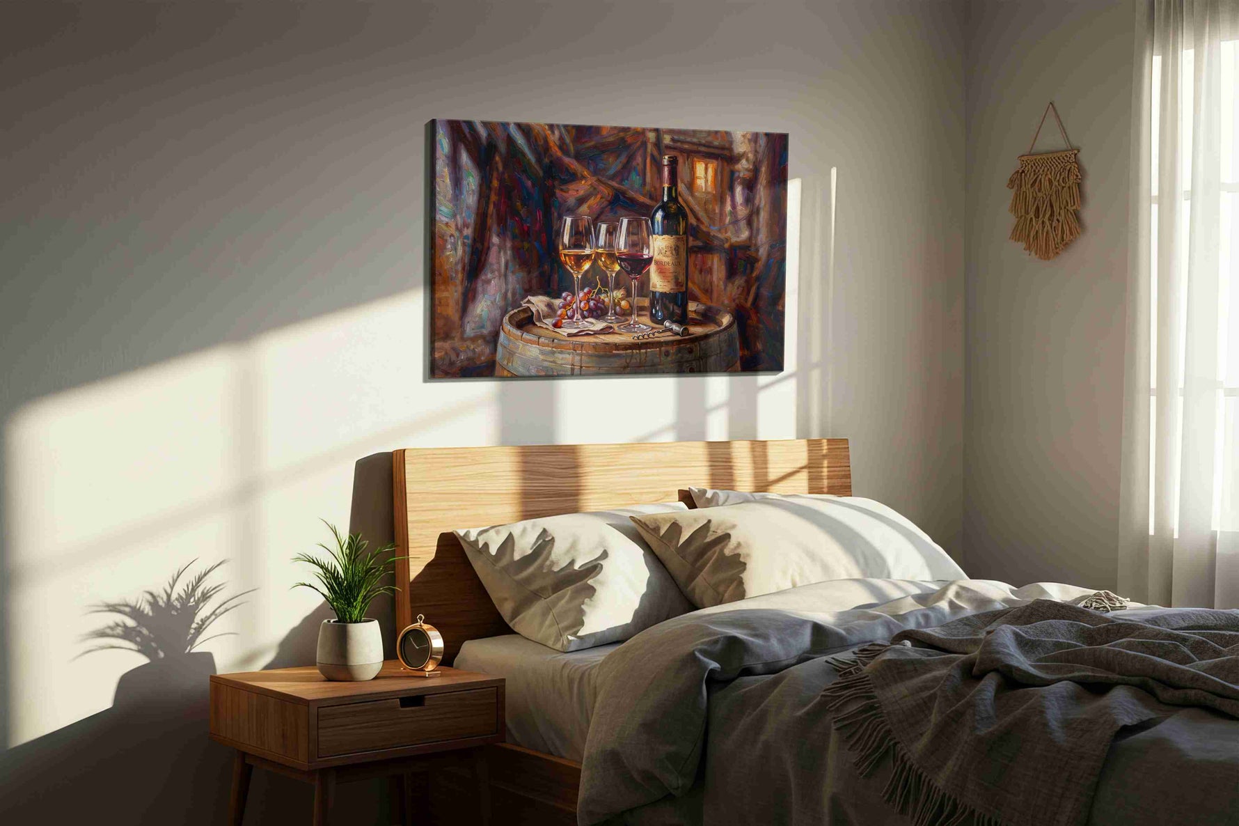 Evening in Bordeaux wine canvas print, displayed in a bedroom