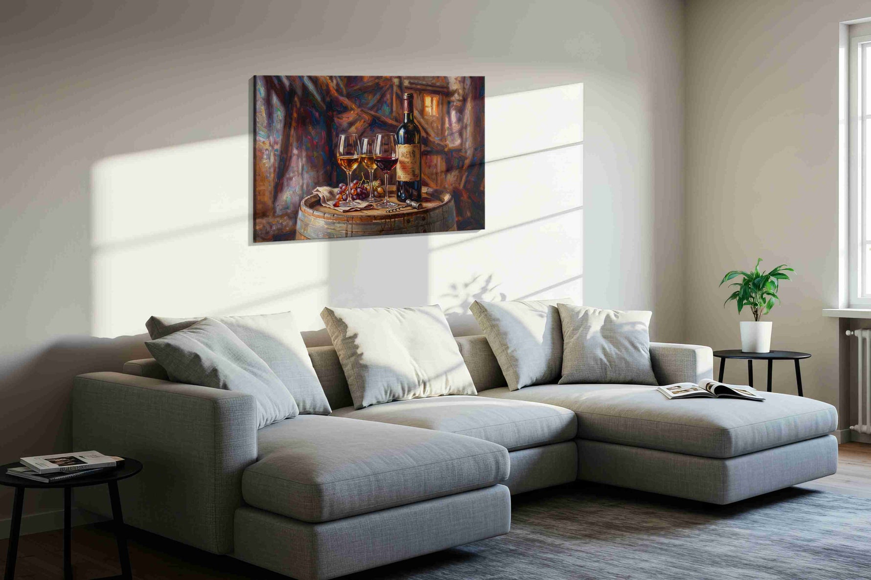 Evening in Bordeaux wine canvas print in a living room scene