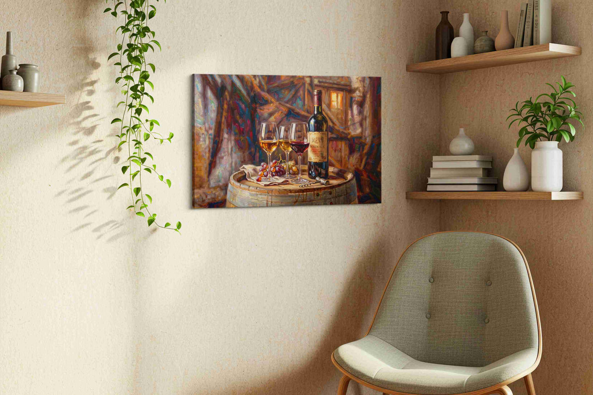 Evening in Bordeaux wine canvas print, displayed in a living room