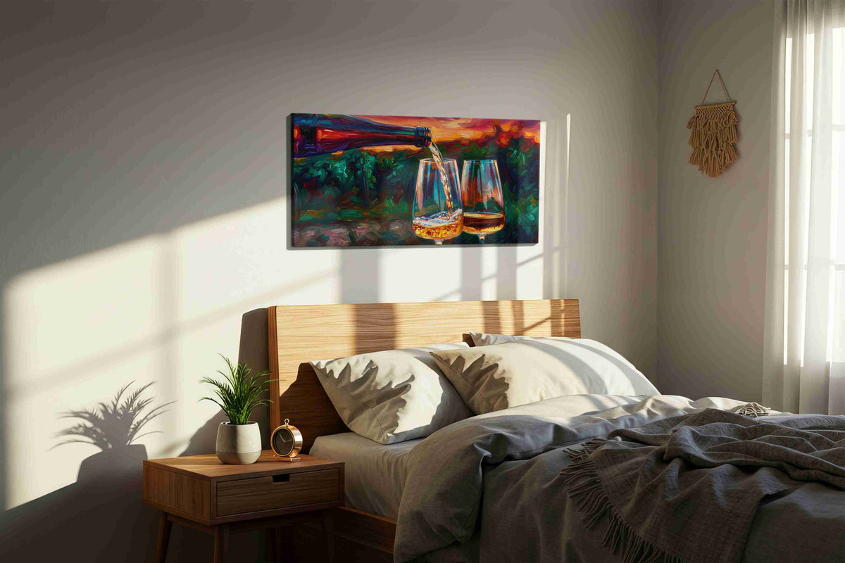 Golden Pour at Sunset wine canvas print, displayed in a bedroom