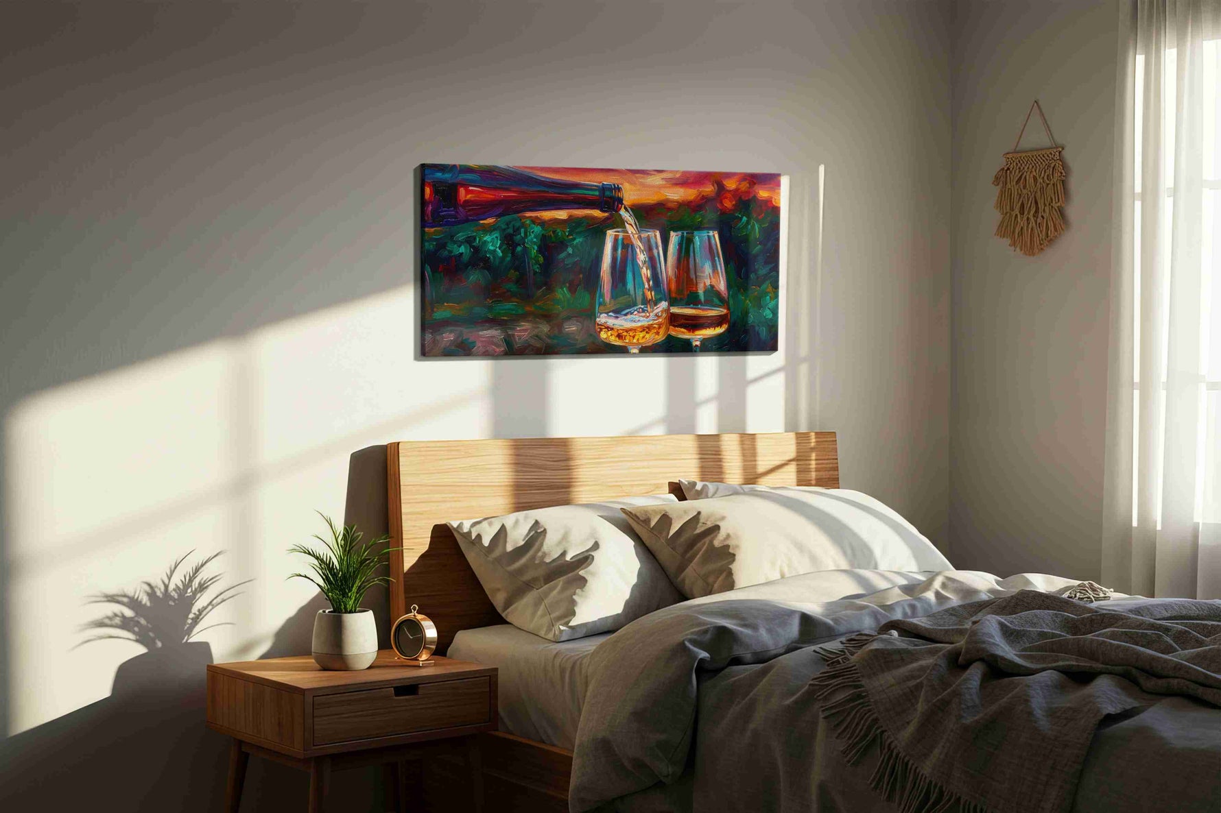 Golden Pour at Sunset wine canvas print, displayed in a bedroom