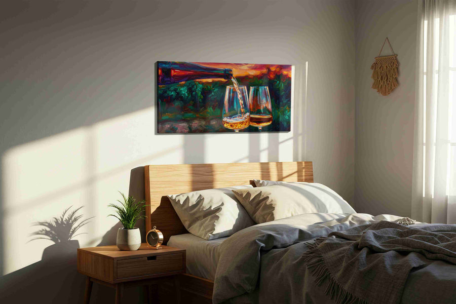 Golden Pour at Sunset wine canvas print, displayed in a bedroom