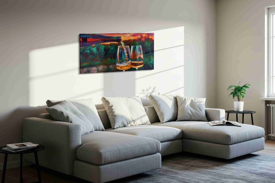 Golden Pour at Sunset wine canvas print in a living room scene