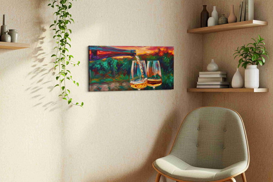 Golden Pour at Sunset wine canvas print, displayed in a living room