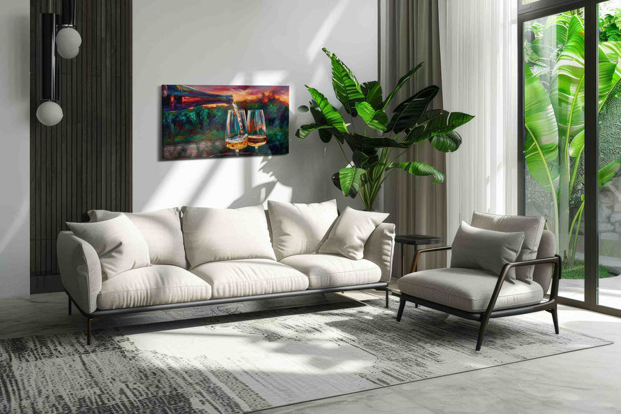 Golden Pour at Sunset wine canvas print, on wall, lifestyle preview