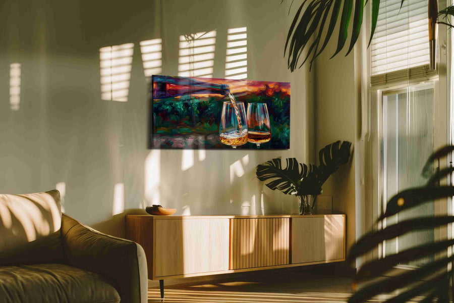 Golden Pour at Sunset wine canvas print in a contemporary interior mockup